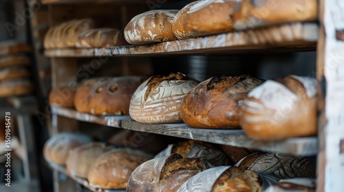 Close up of freshly baked bread loaves arranged on wooden shelves in a bakery setting display