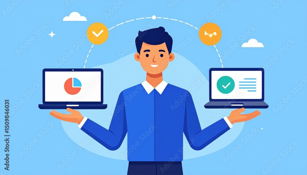 Smiling Man Holding Laptops Representing Data Comparison Smiling Man Holding Laptops Representing Data Comparison