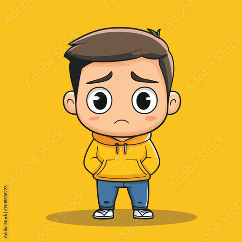 Sad Cartoon Boy in Yellow Hoodie and Jeans