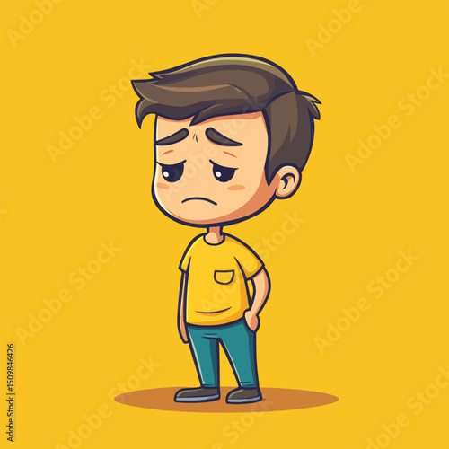 Sad Cartoon Boy in Yellow Shirt and Teal Pants