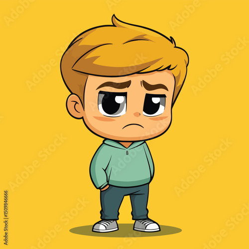 Sad Cartoon Boy with Blonde Hair and Teal Hoodie