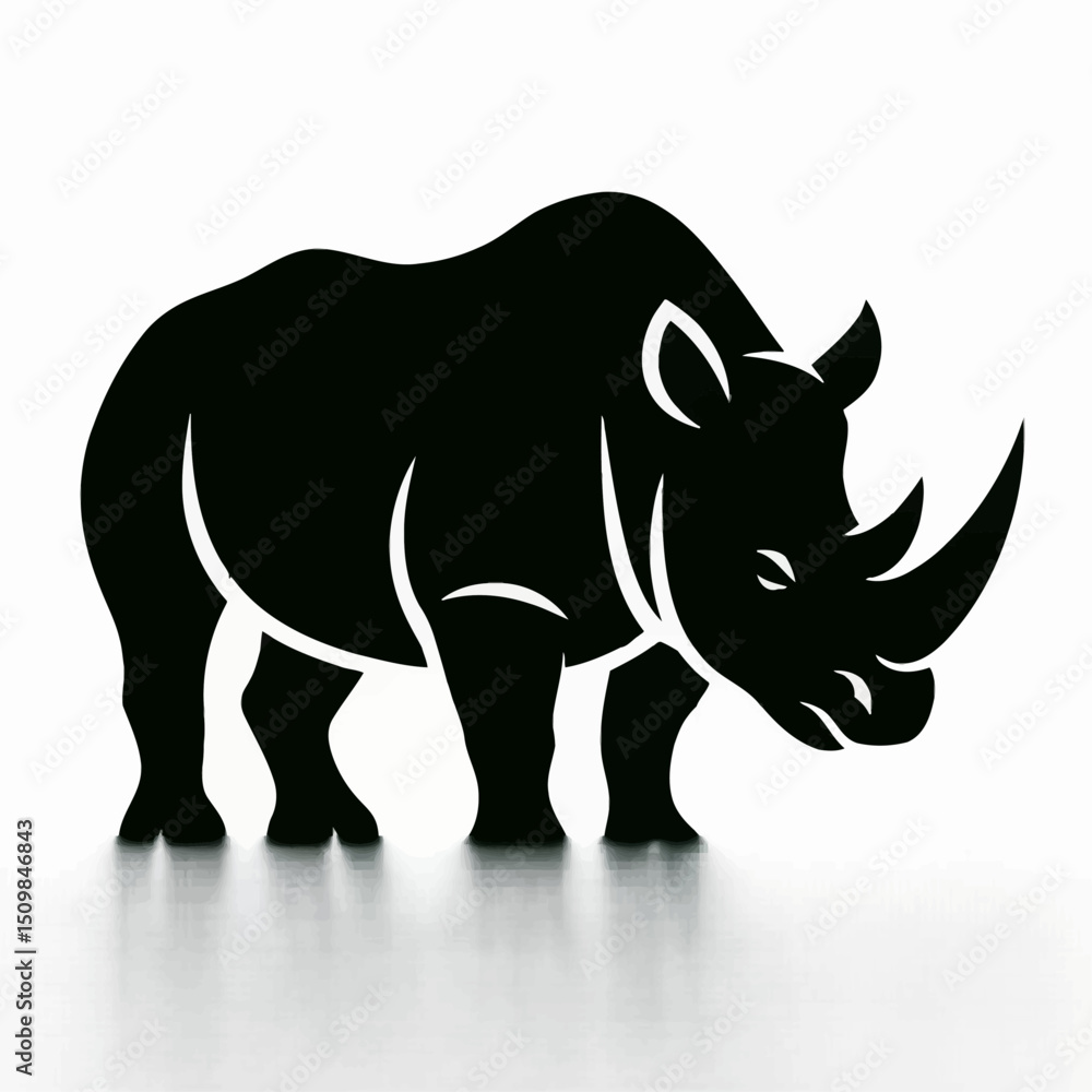 Fototapeta premium Rhino full body, white background, monochrome black, flat vector illustration, illustrator style