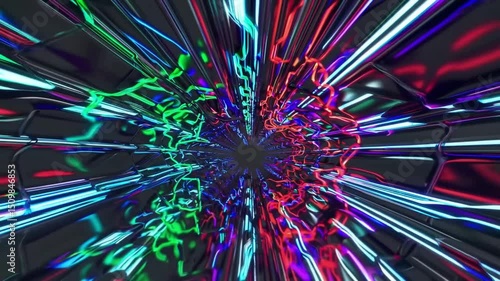 A 3D tunnel with glowing suspended cables vibrating, creating a mesmerizing and futuristic visual effect as you move through the dynamic light-filled corridor.