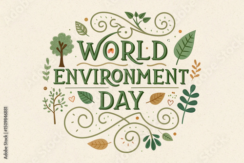 Stylized "World Environment Day" Text with Greenery Trees and Leaves Banner Design