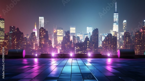 Fototapeta Naklejka Na Ścianę i Meble -  A rooftop concert stage with city skyline in the background