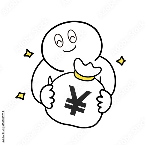 円のお金袋を抱えて喜ぶお金持ち棒人間