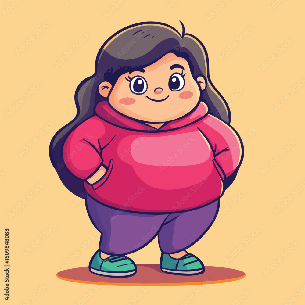 Fototapeta premium Smiling Cartoon Woman with Long Hair Pink Hoodie and Purple Pants