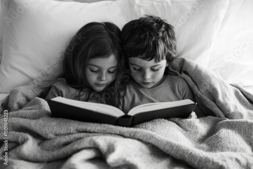 Two children are reading a book together on a bed