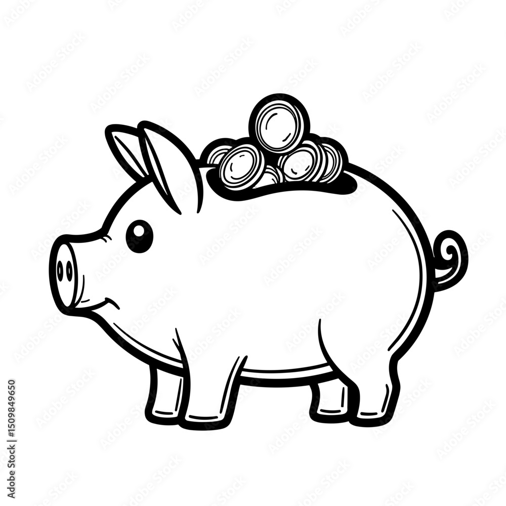 Line art piggy bank filled with coins on white background, savings concept Line art piggy bank filled with coins on white background, savings concept
