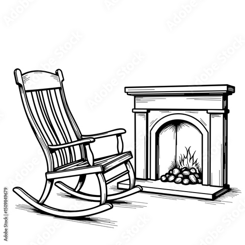 Elegant rocking chair next to fireplace, cozy atmosphere