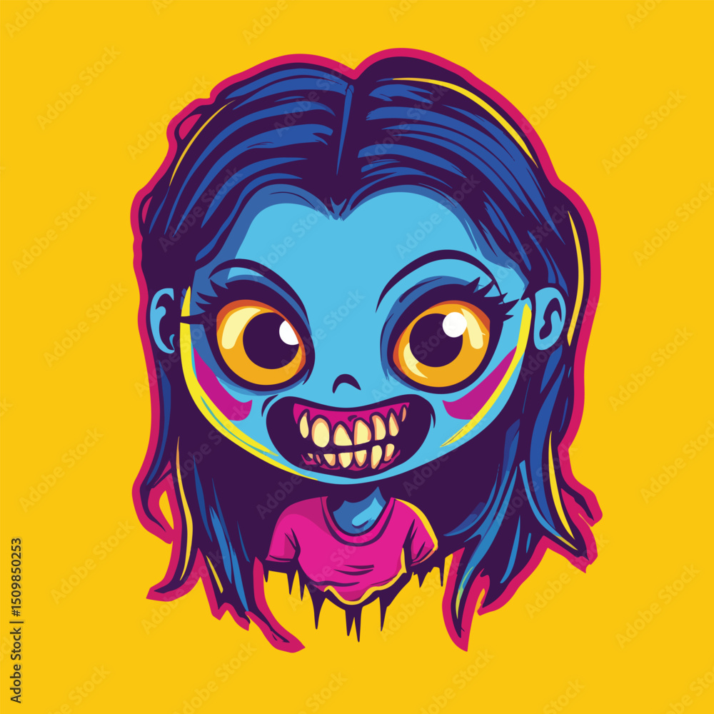 Fototapeta premium Vibrant Blue Zombie Girl with Big Eyes and Grinning Teeth