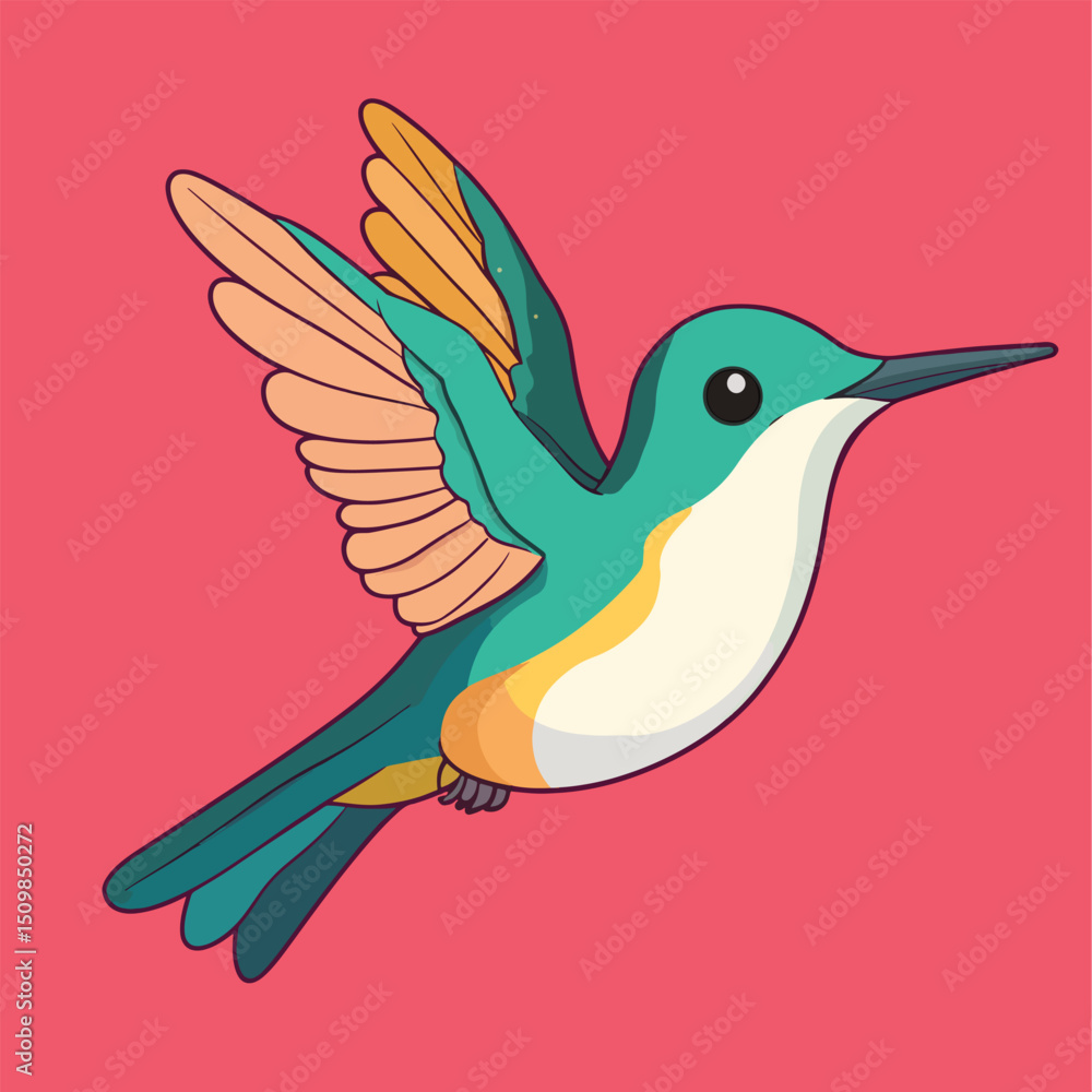 Obraz premium Vibrant Cartoon Hummingbird in Flight Against a Bold Background