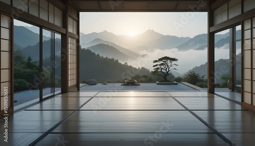 Serene Japanese room overlooking mountainous landscape