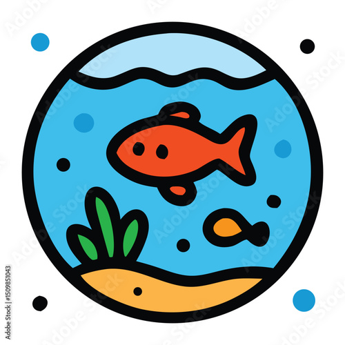 Simple and charming flat icon of a fish in a bowl, representing the underwater world and aquatic life. Ideal for designs related to pets, home decor, education, or general marine themes.
