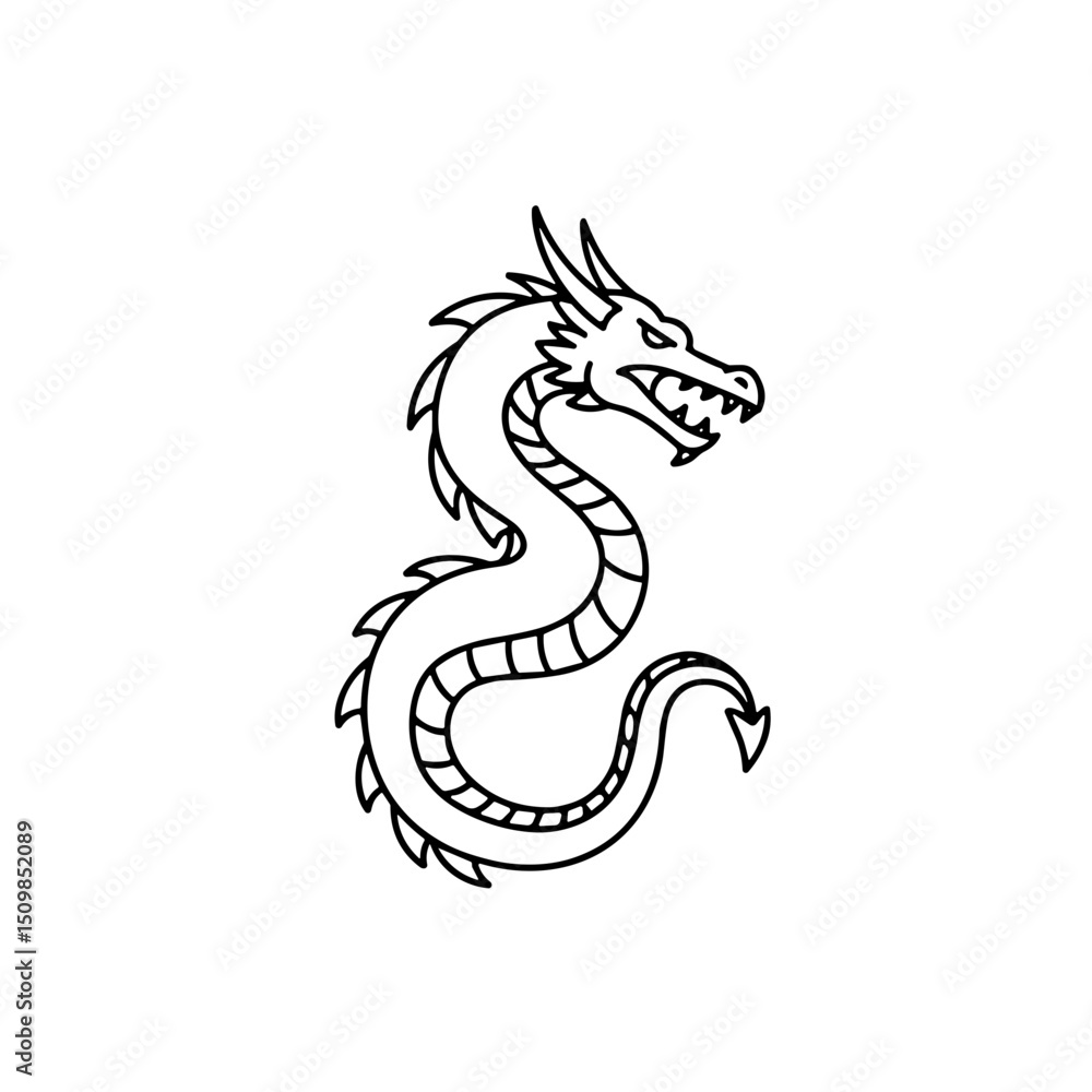 Fototapeta premium Traditional dragon illustration in black line art style 