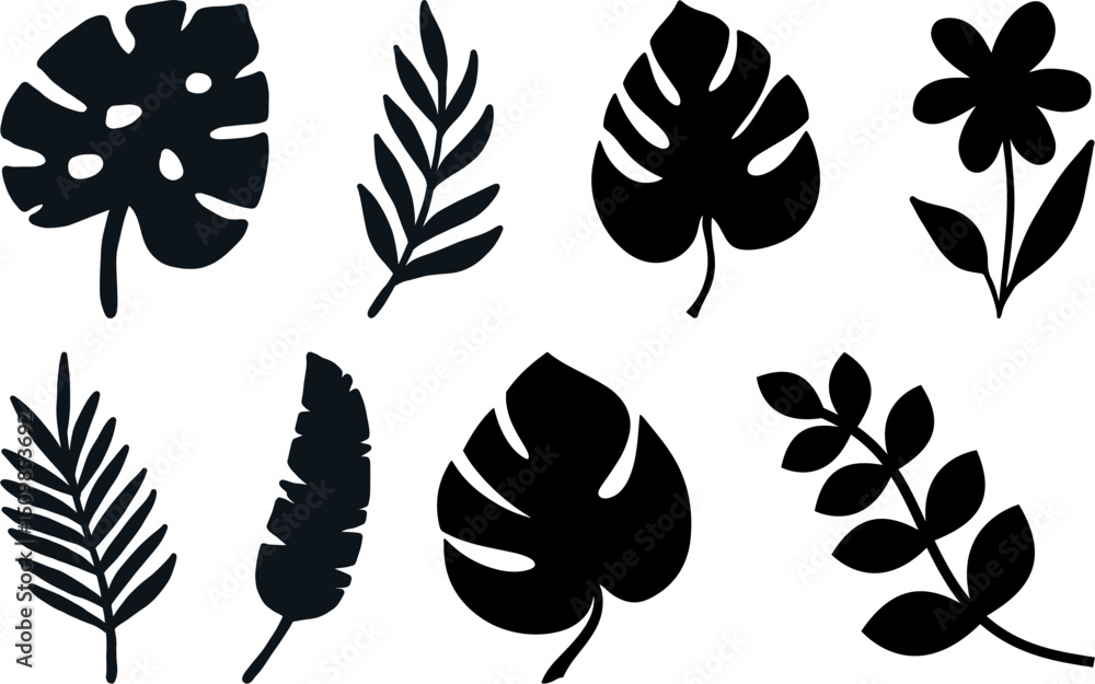 Fototapeta premium Botanical leaf and flower silhouette vector set for nature-themed design, tropical decoration, and modern illustration