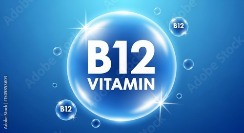 A graphic representation of Vitamin B12 in a blue bubble with a glowing effect.