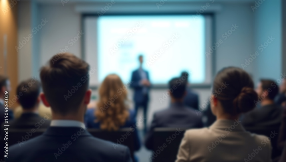 Blurred photo of business presentation in modern conference room. Focused audience listens to speaker. Corporate seminar workshop with interaction, learning opportunities for company employees Blurred photo of business presentation in modern conference room. Focused audience listens to speaker. Corporate seminar workshop with interaction, learning opportunities for company employees