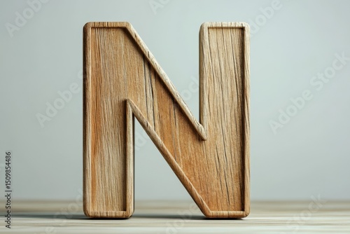 The letter N is carved out of wood and is sitting on a wooden table