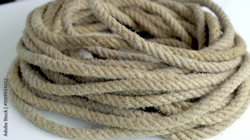 Close-Up of a Coiled Rough Twine Rope Used in Daily Activities. Rotate Close-Up of a Coiled Rough Twine Rope Used in Daily Activities. Rotate