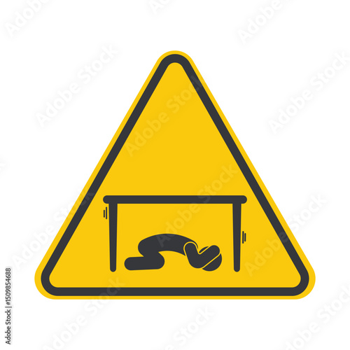 Isolated pictogram of a person crouching under a table, taking cover from falling objects during an earthquake, safety icon