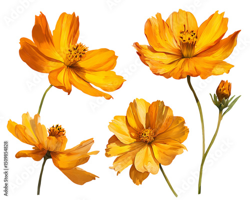 Vibrant Orange Cosmos Flowers on Transparent Background, PNG
