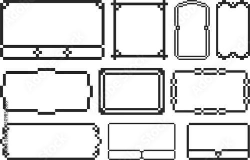 Set of vintage pixel art vector frames for retro UI, digital labels, or 8-bit game design, perfect for nostalgic interface elements and minimalist web or app assets.

