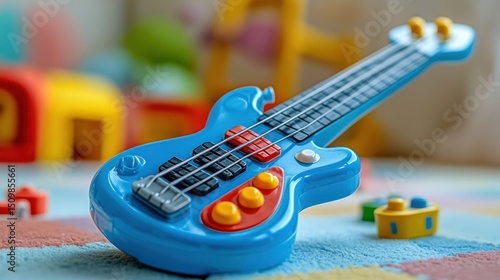 Blue toy guitar on colorful play mat.