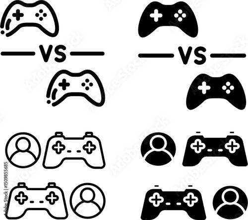 Vector icon set of game controllers, player avatars, and VS symbols in black and white for multiplayer gaming UI, esports interfaces, and digital game design projects

