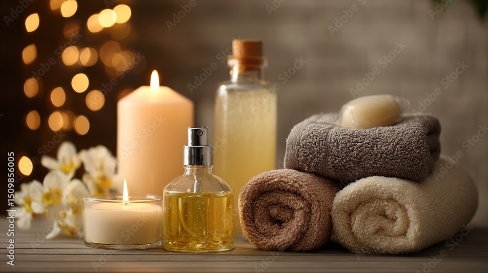 Candlelit Spa Scene with Skincare Products and Towels. High quality Candlelit Spa Scene with Skincare Products and Towels. High quality