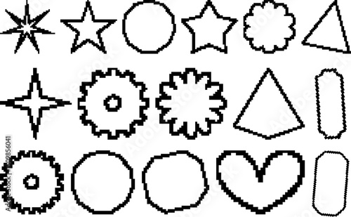 Pixel art set of abstract geometric shapes including stars, circles, triangles, hearts, and gears in black outline for retro digital design, icons, and game asset use

