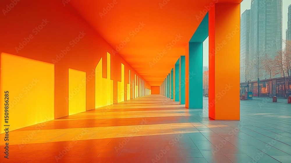 Vibrant orange and teal walkway with sunlight and city backdrop. Vibrant orange and teal walkway with sunlight and city backdrop.