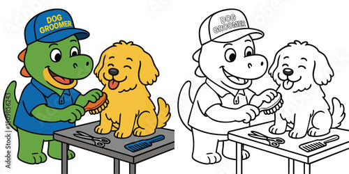 Cute Dinosaur Dog Groomer Coloring Page and Illustration Dino Professions Kids Art