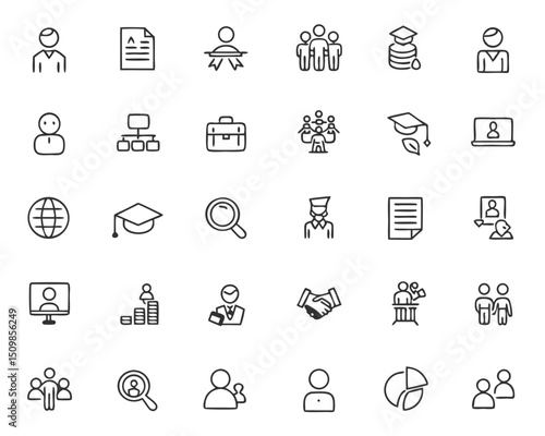 Business management human resources hr education teamwork leadership skills and career development icons set vector