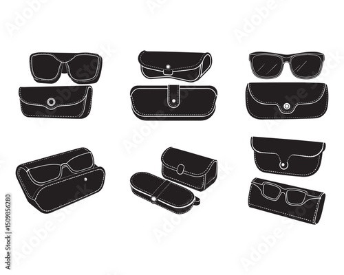 Black rectangular eyeglasses with a black leather case on a white surface