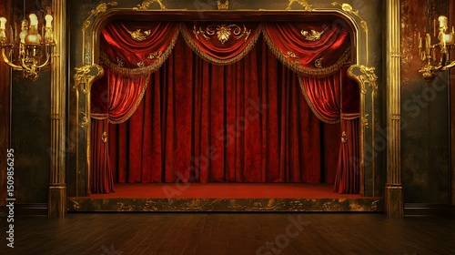A vintage cabaret stage with velvet curtains and gold-trimmed decor