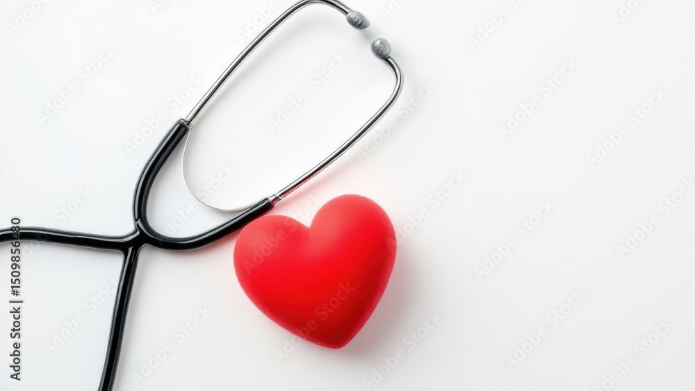 blue stethoscope and red heart placed on a white background. blue stethoscope and red heart placed on a white background.