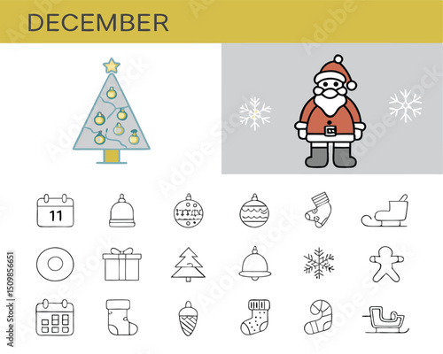 December christmas holiday season vector icons santa tree gift calendar snowflake winter celebration