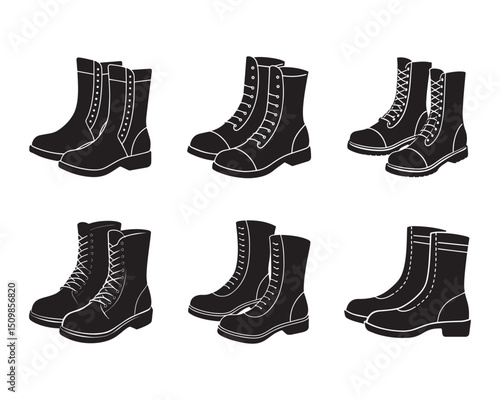Pair of black military boots silhouette with white shoelaces graphic design