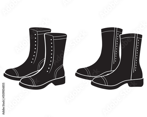 Pair of black military boots silhouette with white shoelaces graphic design