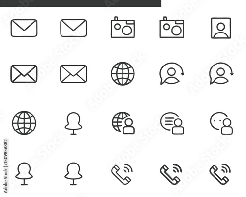 Collection of contact communication icons email phone camera globe pin user outline vector graphic design set