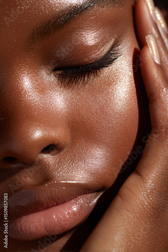 Close up of smooth dark skin with closed eye and hand gently touching face, showing natural beauty and calm expression