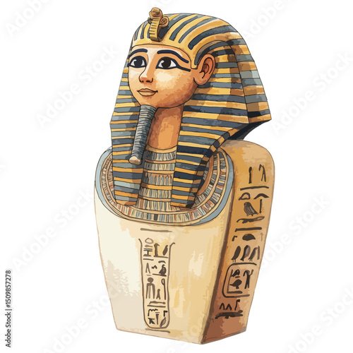 Striped Nemes Headdress and Hieroglyphs on an Egyptian Funerary Statue