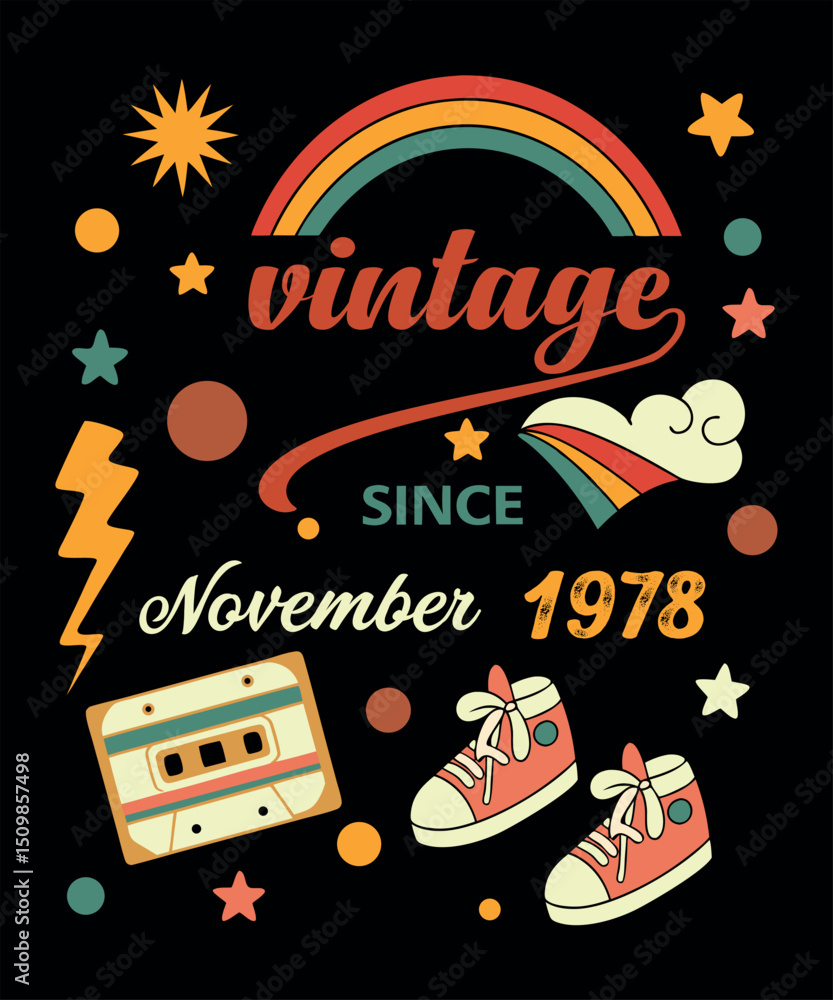 Fototapeta premium Retro Vintage November 1995 Birthday Design with Rainbow and Cassette Tape
