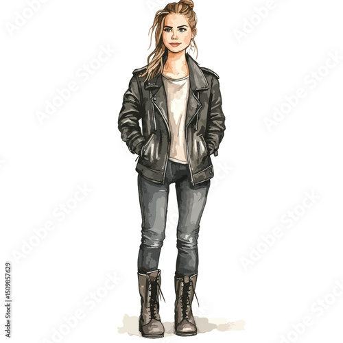 Stylish woman in a black leather jacket jeans and laceup boots