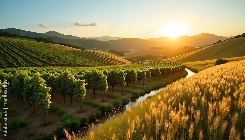 Fototapeta premium Scenic Vineyard Landscape at Sunset with Rolling Hills and Wheat Fields