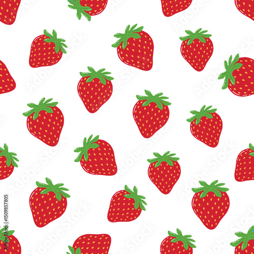 Seamless Hand Drawn Red Strawberries Pattern Design White Background