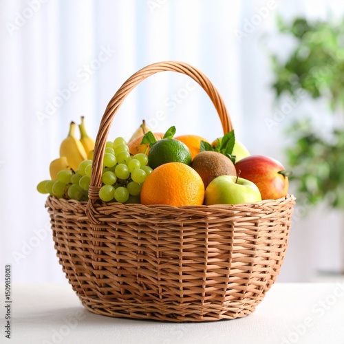 Vibrant fruit basket display indoors.