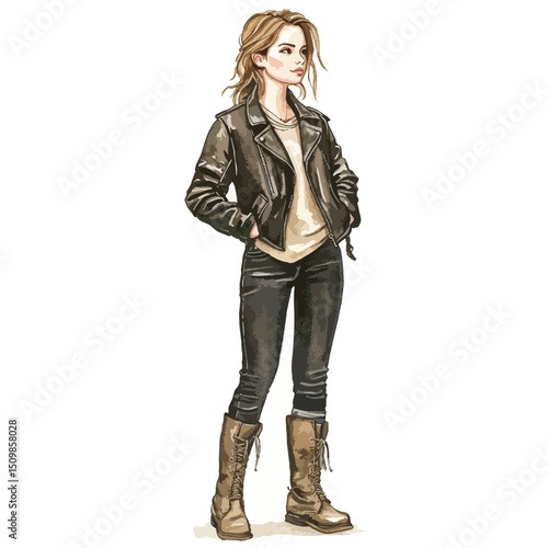 Stylish woman in leather jacket dark jeans and laceup boots looking away