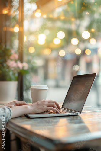  Person using laptop with coffee cup in outdoor cafe. Freelance lifestyle concept.  
